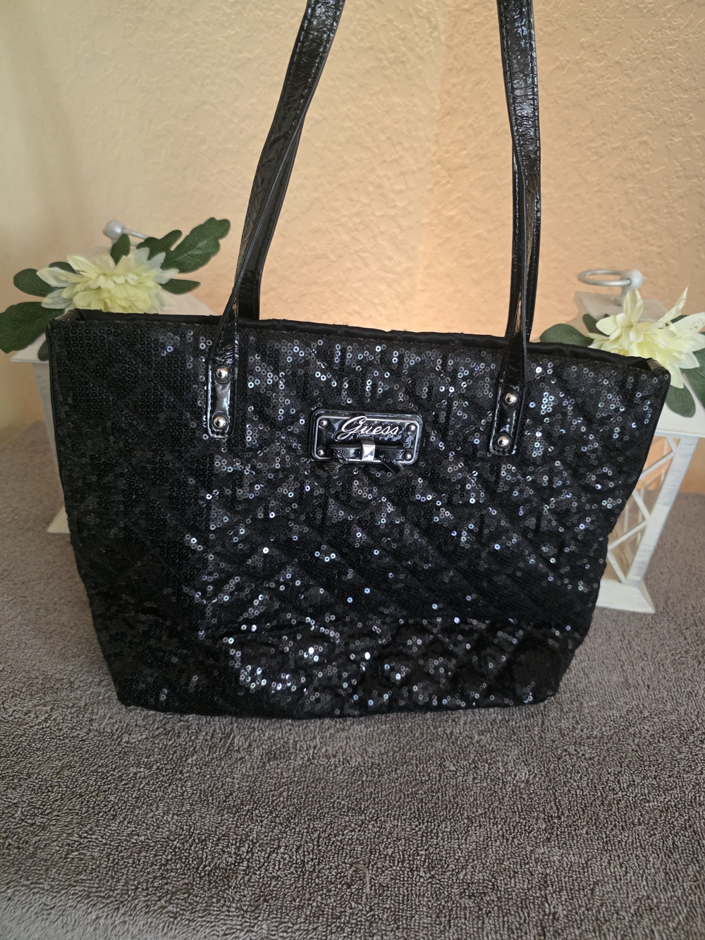 GUESS Black Sequin Quilted Tote Bag